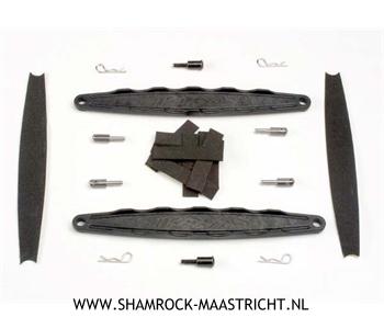 Traxxas Hold downs, battery (2)/ adhesive foam battery pads/ shoulder screws (2)/ battery hold-down posts (4)/ clips (4) - TRX3923