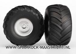 Traxxas Tires & wheels, assembled, glued (satin chrome wheels, Terra Groove dual profile tires, foam inserts) (nitro rear/ electric front) (2) - TRX3665
