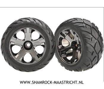 Traxxas Tires & wheels, assembled, glued (All-Star black chrome wheels, Anaconda tires, foam inserts) (nitro front) (1 left, 1 right) - TRX3777A