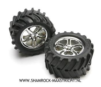 Traxxas Tires & wheels, assembled, glued (SS (Split Spoke) chrome wheels, Maxx tires, foam inserts) (2) (fits Maxx/Revo Brushed series) - TRX5173