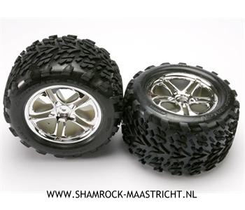 Traxxas  Tires and wheels, assembled, glued (SS (Split Spoke) chrome wheels, Talon tires, foam inserts) (2) (fits Maxx/Revo Brushed series) - TRX5174