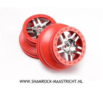 Traxxas  Wheels, SCT Split-Spoke, chrome, red beadlock style, dual profile (2.2" outer, 3.0" inner) (2WD front) (2) - TRX5876A