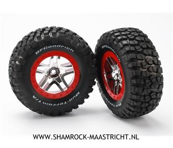 Traxxas  Tires and wheels, assembled, glued (SCT Split-Spoke, chrome red beadlock style wheels, BFGoodrich Mud-Terrain T/A KM2 tires, foam inserts) (2) (2WD front) - TRX5877A