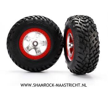 Traxxas Tires and wheels, assembled, glued (S1 ultra-soft, off-road racing compound) (SCT Split-Spoke chrome, red beadlock style wheels, BFGoodrich Mud-Terrain T/A KM2 tires) (2) (2WD front) - TRX5877R
