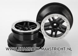 Traxxas Wheels, SCT Split-Spoke, black, satin chrome beadlock style, dual profile (2.2inch outer, 3.0inch inner) (4WD f/r, 2WD rear) (2) - TRX5884