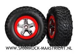 Traxxas  Tires and wheels, assembled, glued (SCT chrome wheels, red beadlock style, dual profile (2.2inch outer, 3.0inch inner), SCT off-road racing tires, foam inserts) (2) (4WD f/r, 2WD rear) (TSM rated) - TRX5887