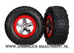 Traxxas  Tires and wheels, assembled, glued (S1 compound) (SCT chrome wheels, red beadlock style, dual profile (2.2inch outer, 3.0inch inner),SCT off-road racing tires, foam inserts) (2) (4WD f/r, 2WD rear) (TSM rated) - TRX5887R
