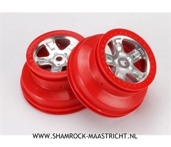 Traxxas Wheels, SCT satin chrome with red beadlock, dual profile (2.2inch outer, 3.0inch inner) (2) - TRX5972A