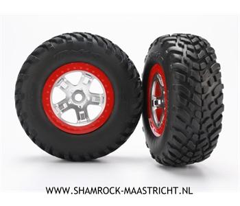 Traxxas  Tires and wheels, assembled, glued (SCT, satin chrome, red beadlock wheels, ultra-soft S1 compound off-road racing tires, foam inserts) (2) - TRX5973R
