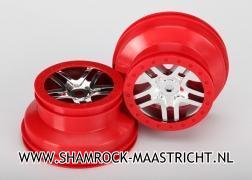 Traxxas  Wheels, SCT Split-Spoke, chrome, red beadlock style, dual profile (2.2inch outer, 3.0inch inner) (front/rear) (2) - TRX5974A