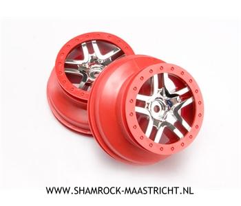 Traxxas  Wheels, SCT Split-Spoke, chrome, red beadlock style, dual profile (2.2inch outer, 3.0inch inner) (4WD front/rear, 2WD rear) (2) - TRX6872A