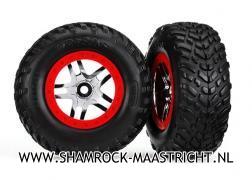 Traxxas Tires & wheels, assembled, glued (SCT Split-Spoke chrome, red beadlock style wheels, dual profile (2.2