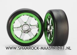 Traxxas  Tires and wheels, assembled, glued (Volk Racing TE37 chrome/green wheels, 1.9 Gymkhana slick tires) (2) - TRX7375