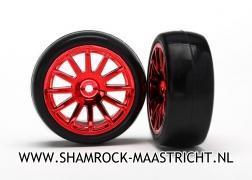 Traxxas Tires and wheels, assembled, glued (12-spoke red chrome wheels, slick tires) (2) - TRX7573X